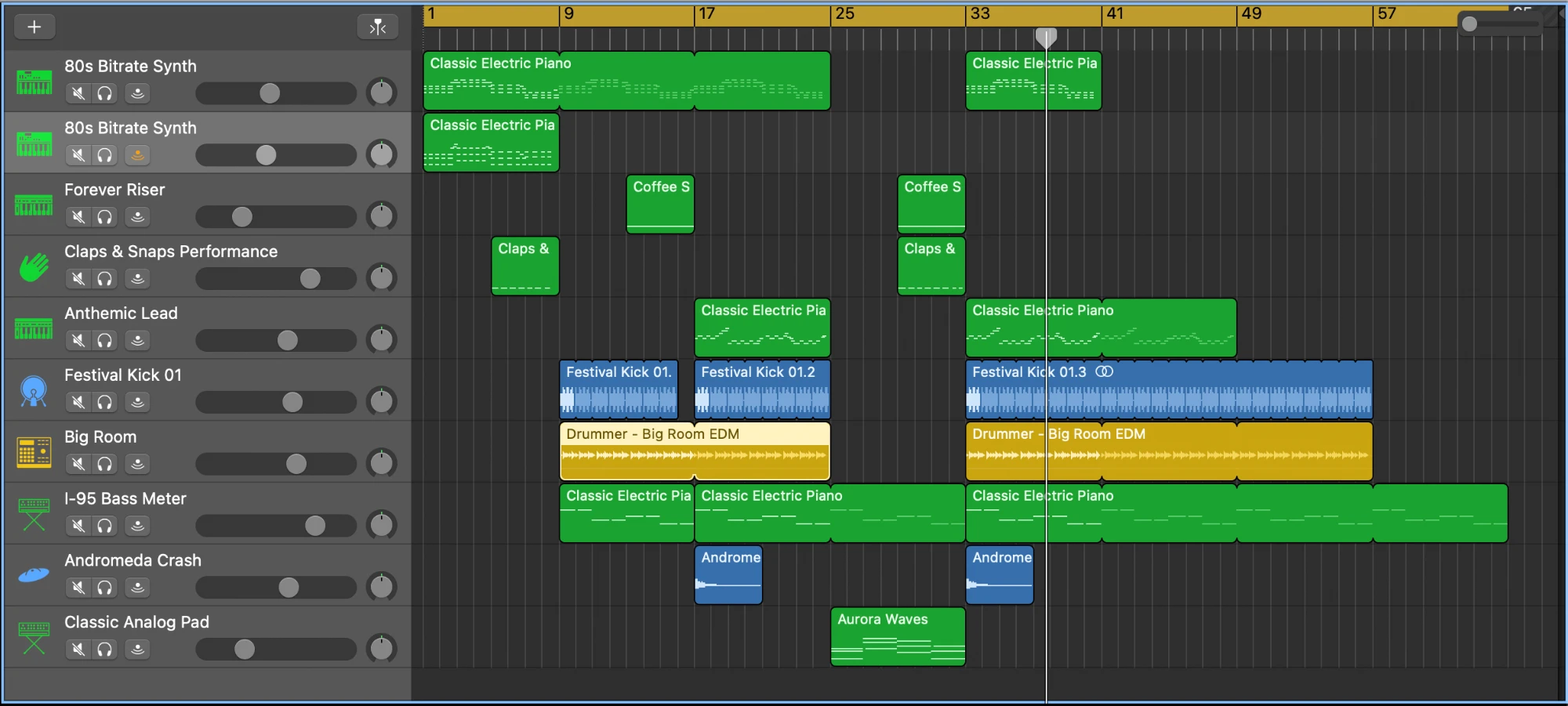 A GarageBand project in progress, with multiple software instrument, audio, and Drummer tracks arranged into an electronic dance track